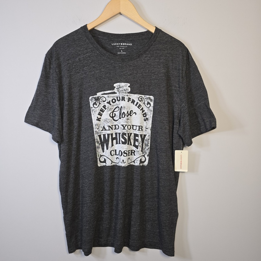 Lucky Brand Mens Graphic Tee Tshirt L Keep Your Friends Close Whiskey Gray NWT